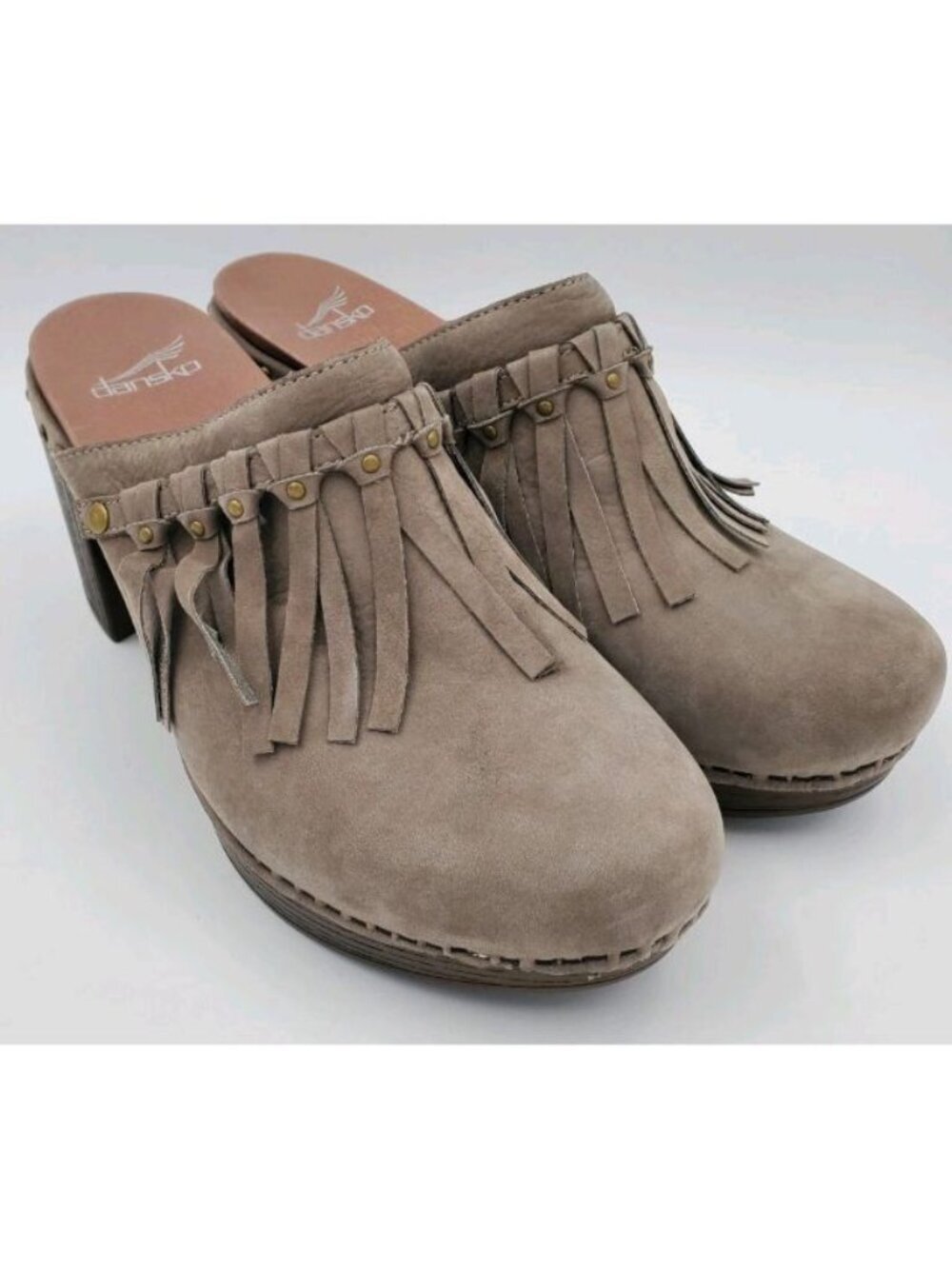 Dansko Womens Size 40 Deni Clog Mule Sandal Taupe Milled Nubuck Fringe Stud Heel